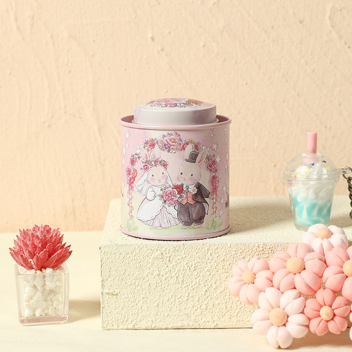 Decorative Tin Storage Canister with Illustrated Wedding Bunny Couple