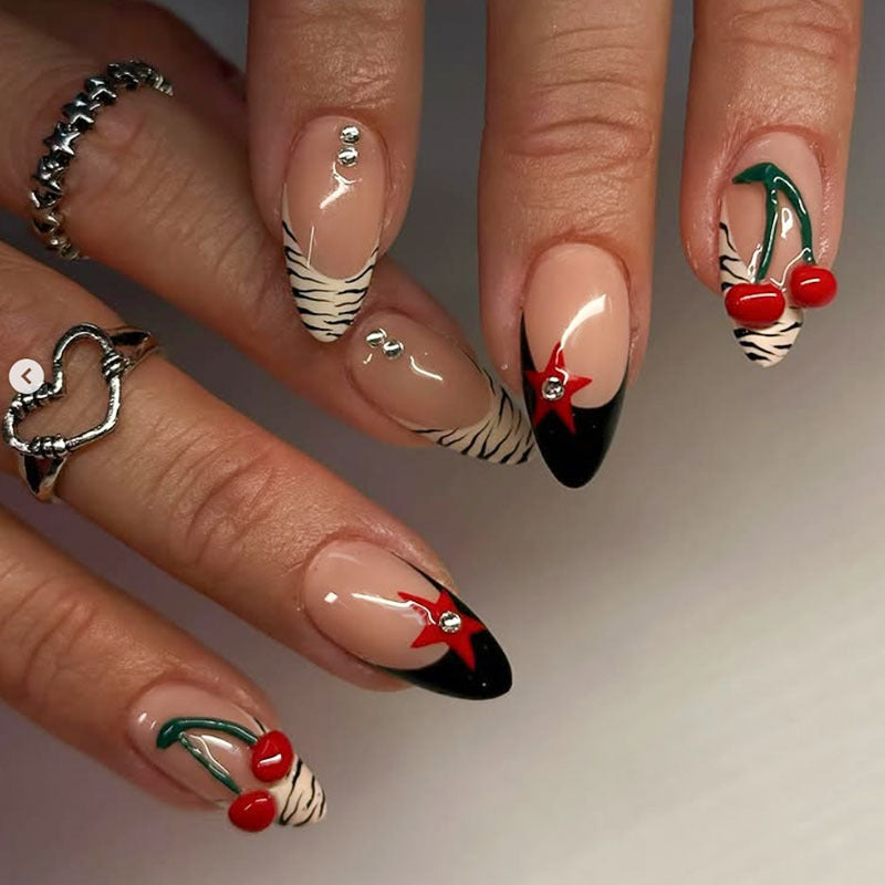 Artistic Press-On Nail Art Set with Cherry Design