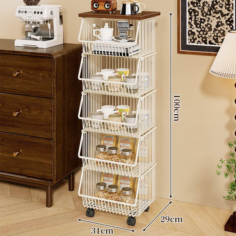 Mobile Four-Tier Kitchen Pantry Organizer Cart with Wood Top and Rolling Wire Baskets