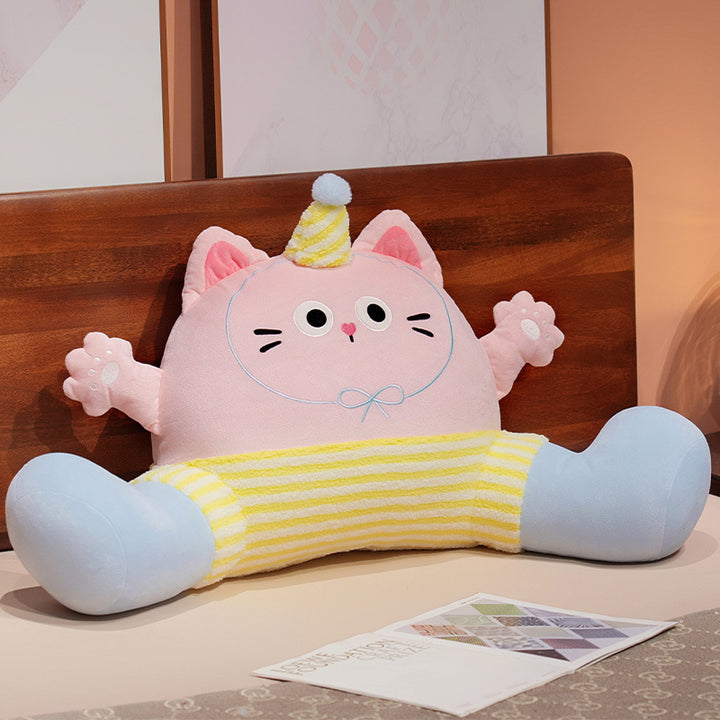 Large plush reading pillow with armrests and cute cat design