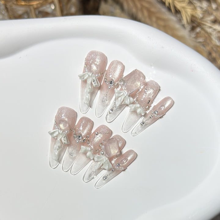 Elegant Press-On Acrylic Nail Set with Decorative Bow and Glitter Accents Kalsten