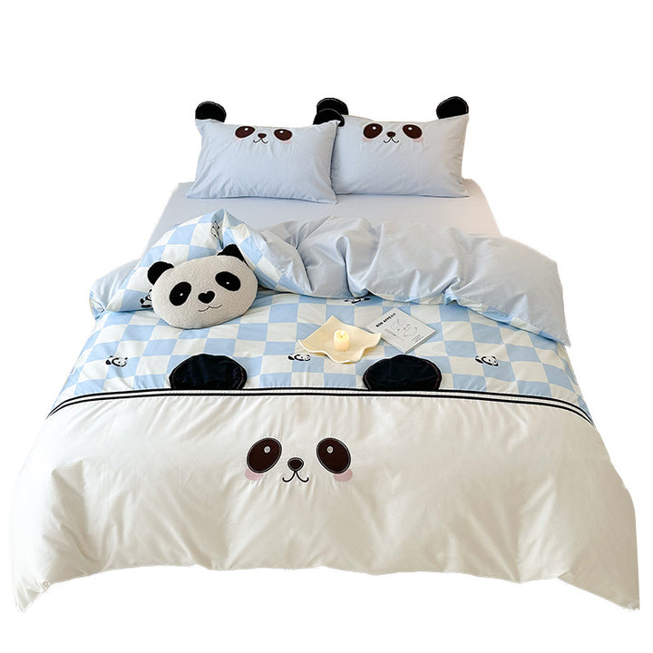 Children's bedding set with check pattern, embroidered panda face and three-dimensional ear appliqués