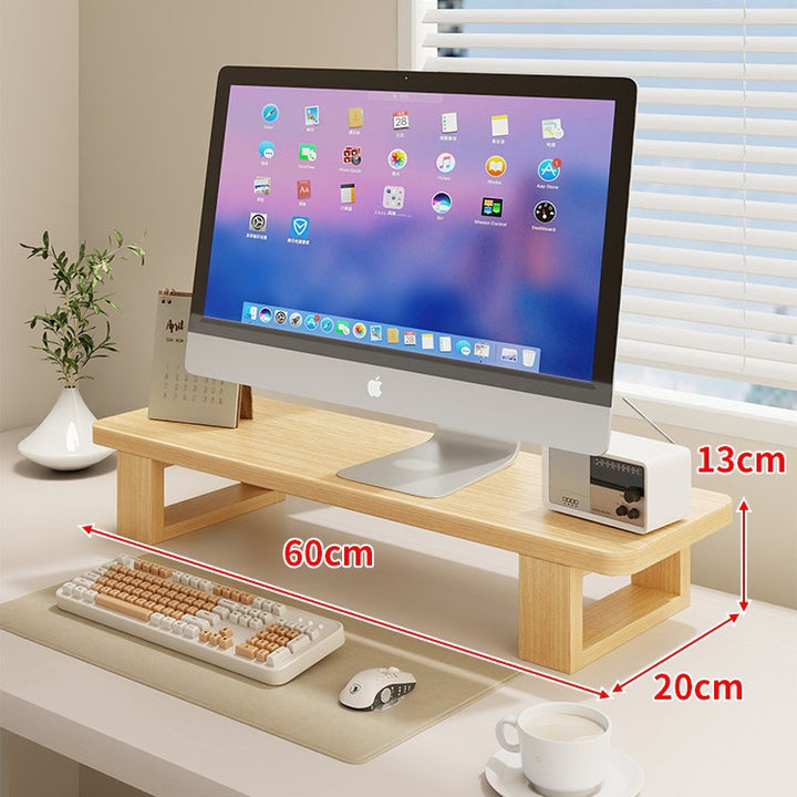 Wide Wooden Monitor Riser Shelf with Under-Shelf Storage and Cable Management