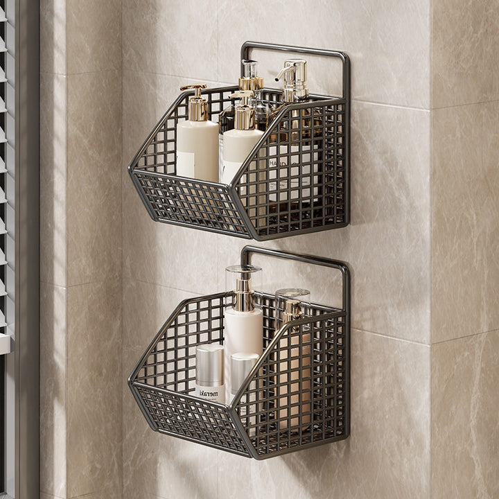 Wall-Mounted Dual-Tier Grid Mesh Bathroom Shower Caddy with Drainable Baskets