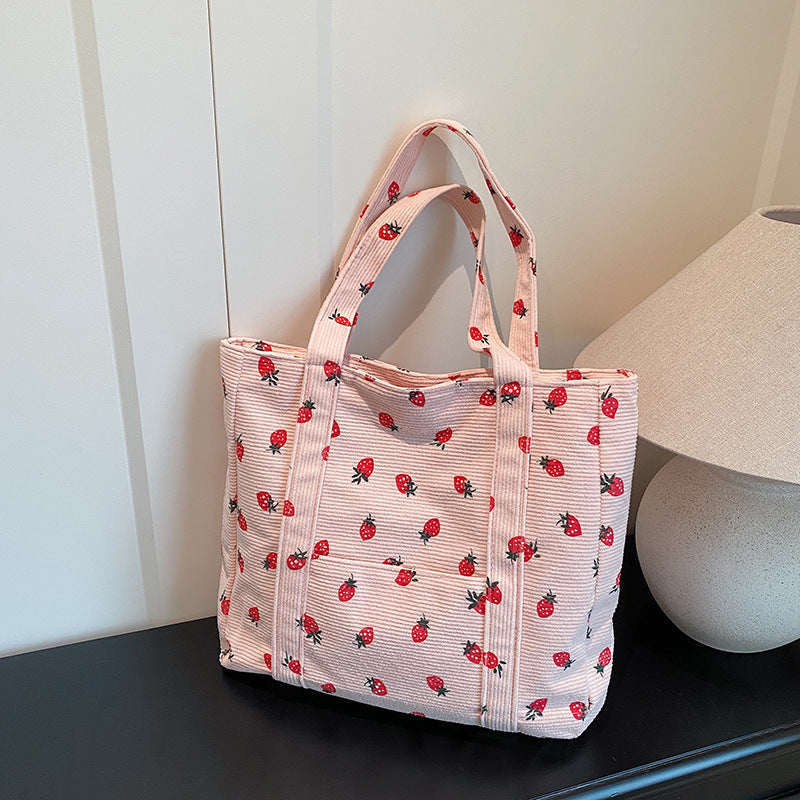 Playful Strawberry Print Corduroy Tote Bag Kalsten