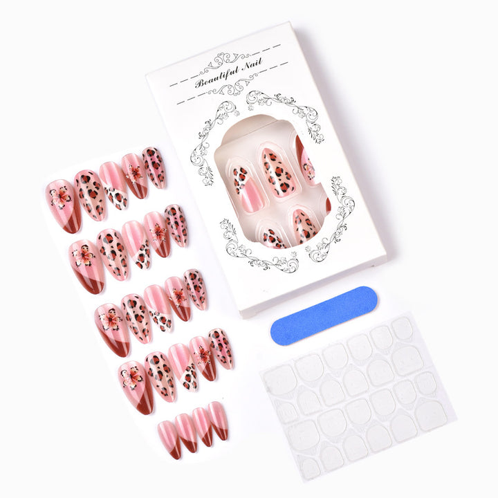 Artistic Press-On Nail Art Set with Floral and Leopard Designs