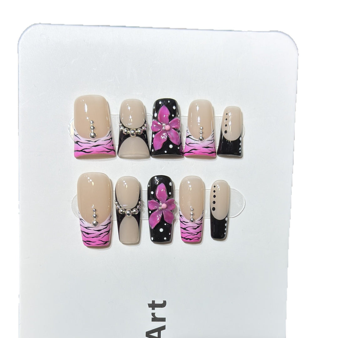 Decorative Press-On Nail Set with Floral and Striped Design Kalsten