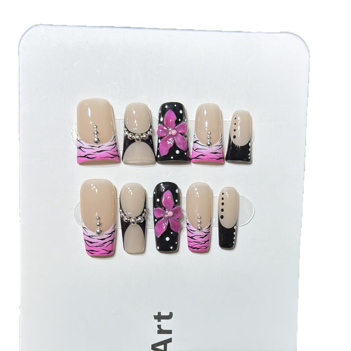 Decorative Press-On Nail Set with Floral and Striped Design Kalsten