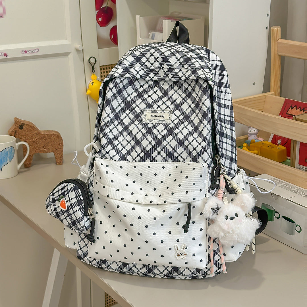 Stylish Plaid Backpack with Fun Decorative Accents Kalsten