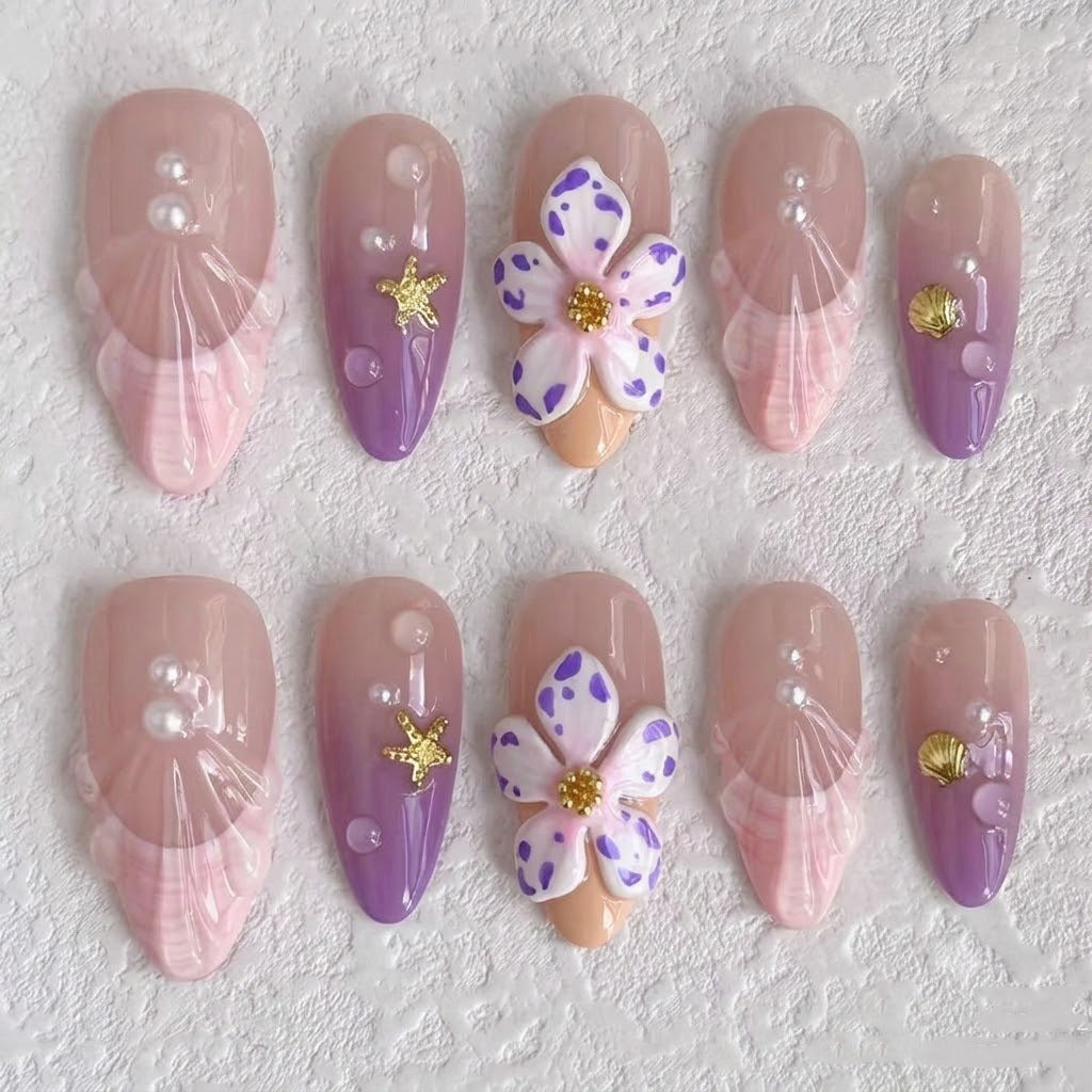 Artistic Press-On Nail Set with Floral Accents