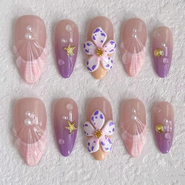 Artistic Press-On Nail Set with Floral Accents