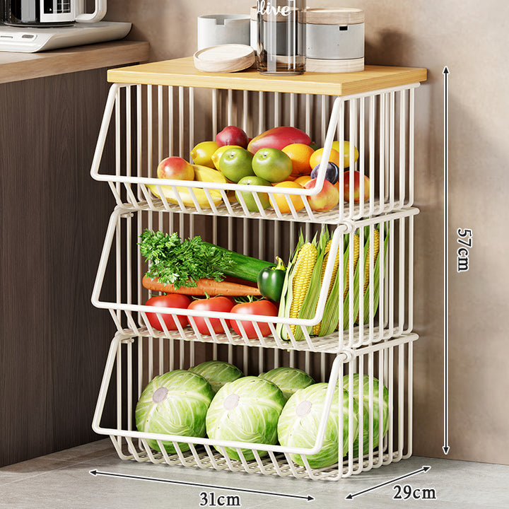 Multi-Tier Rolling Kitchen Pantry Cart with Wood Top and Deep Wire Storage Baskets