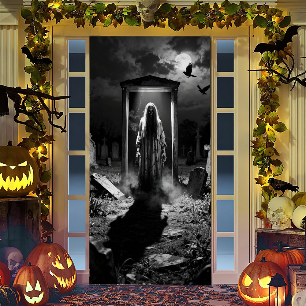 Halloween door poster with large-format Grim Reaper illustration and reusable PVC tarp fabric