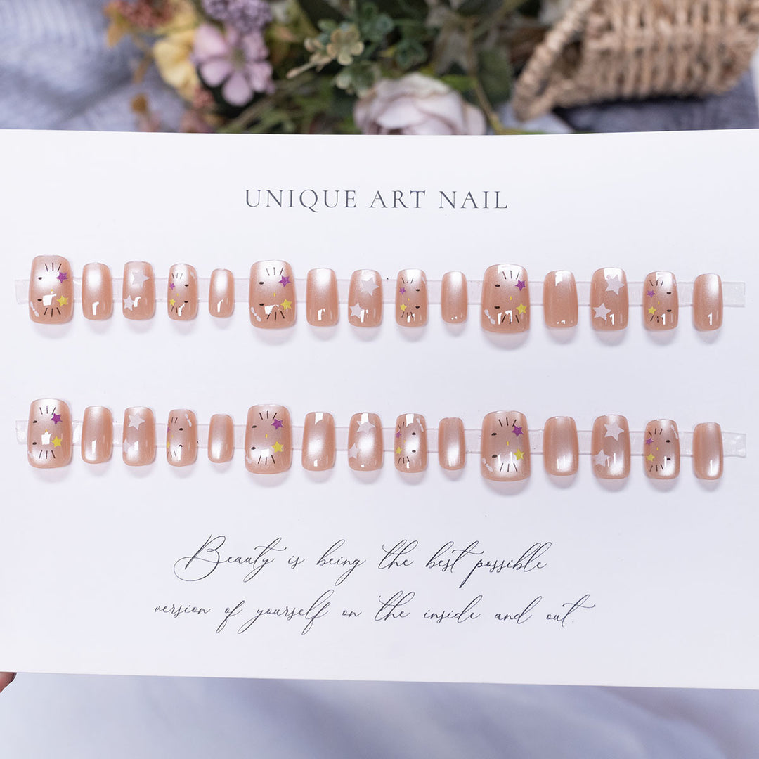 Press-On Nail Set with Artistic Star and Floral Design