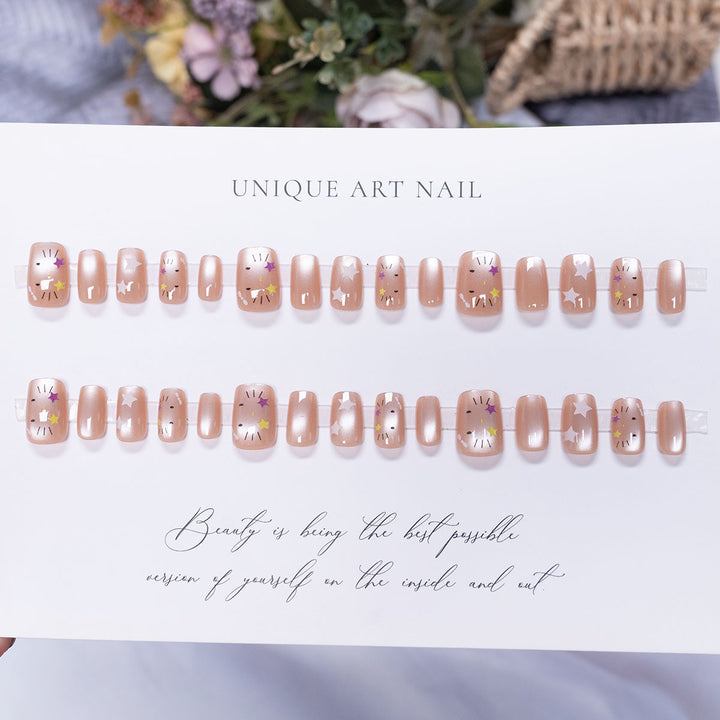 Press-On Nail Set with Artistic Star and Floral Design