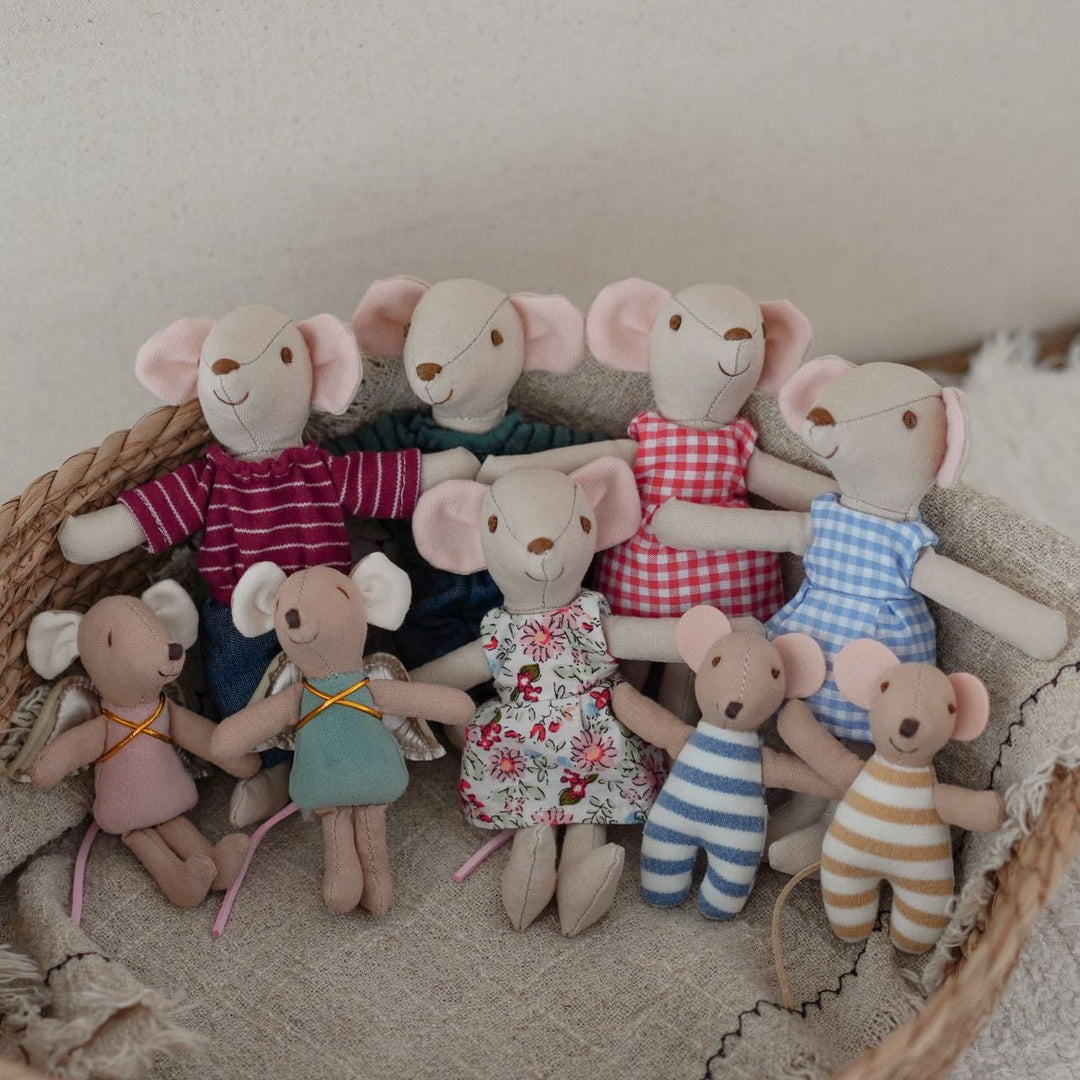 Handcrafted Linen Mouse Plush Doll with Striped Knit Shirt and Denim Pants
