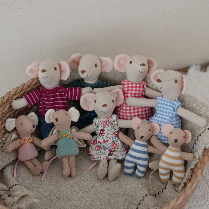Handcrafted Linen Mouse Plush Doll with Striped Knit Shirt and Denim Pants