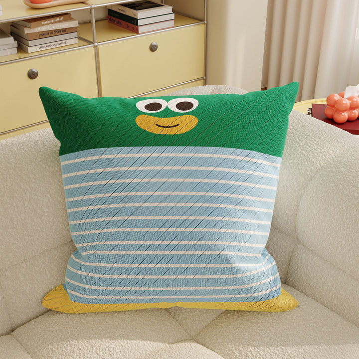 Striped Knit Lumbar Pillow Cover with Embroidered Cartoon Dog Accent