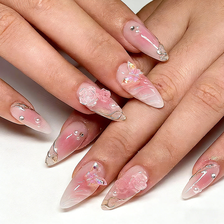 Artificial nails with delicate rose design and glitter accents Kalsten