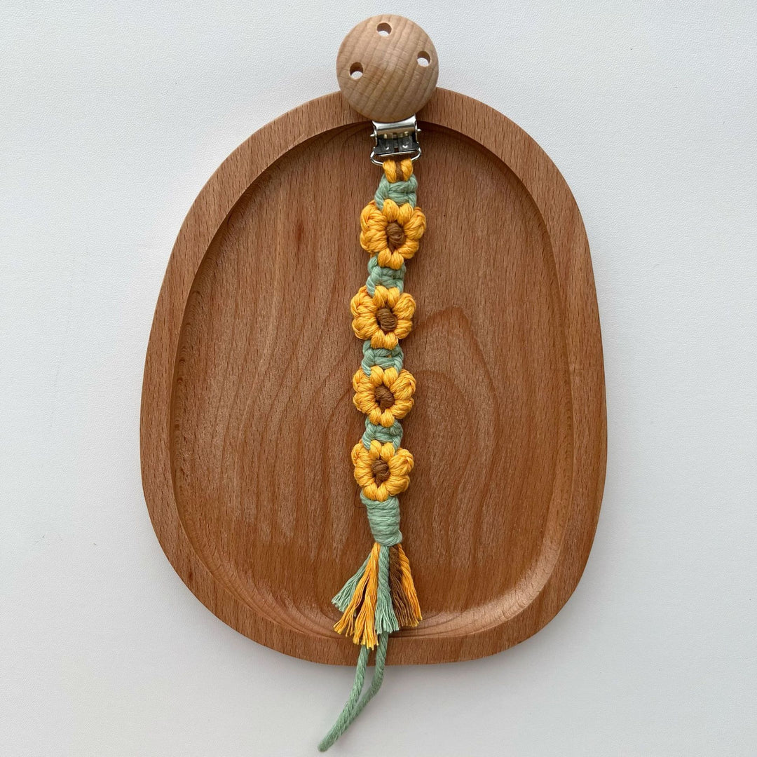 Macramé Flower Pacifier Clip with Wooden Safety Clamp