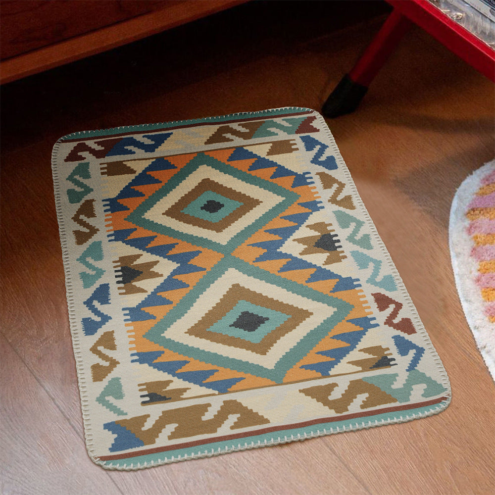 Flat kilim runner rug with geometric ethnic pattern