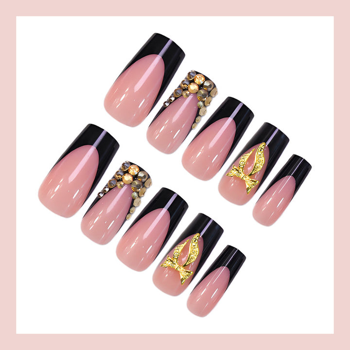 Artificial nail set with elegant gold decoration and stylish black Kalsten
