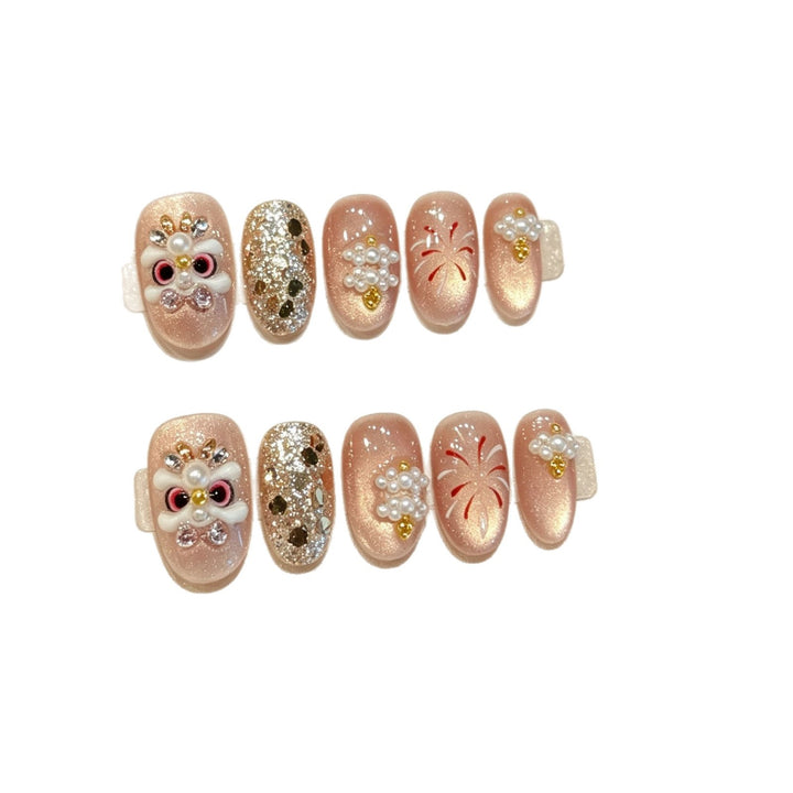 Artistic Press-On Nail Art Set with 3D Floral Accents