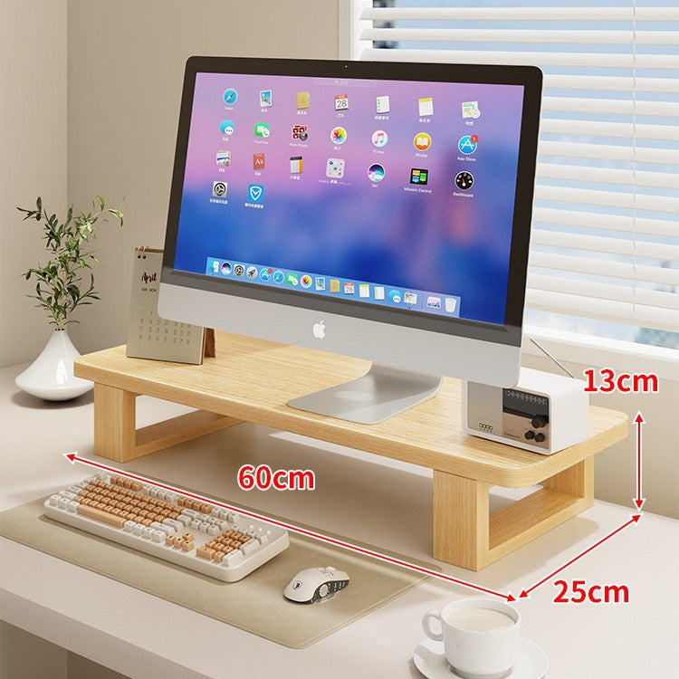 Wide Wooden Monitor Riser Shelf with Under-Shelf Storage and Cable Management