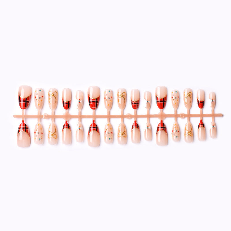 Festive Themed Press-On Nail Art Set with Plaid Design and Gem Accents Kalsten