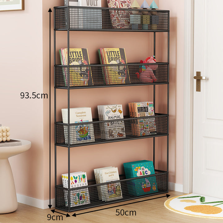 Industrial Metal Mesh Four-Tier Narrow Bookshelf Organizer