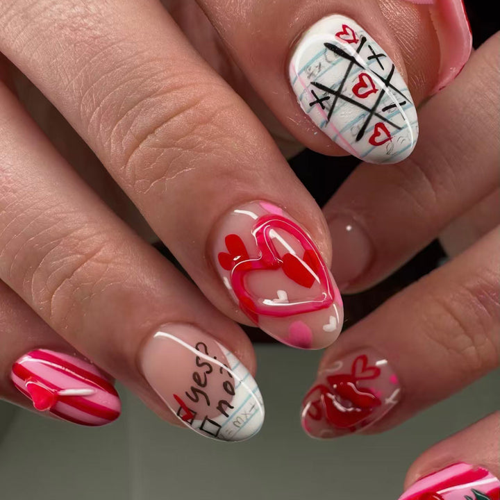 Artistic Heart and Kiss-Themed Press-On Nail Art Set