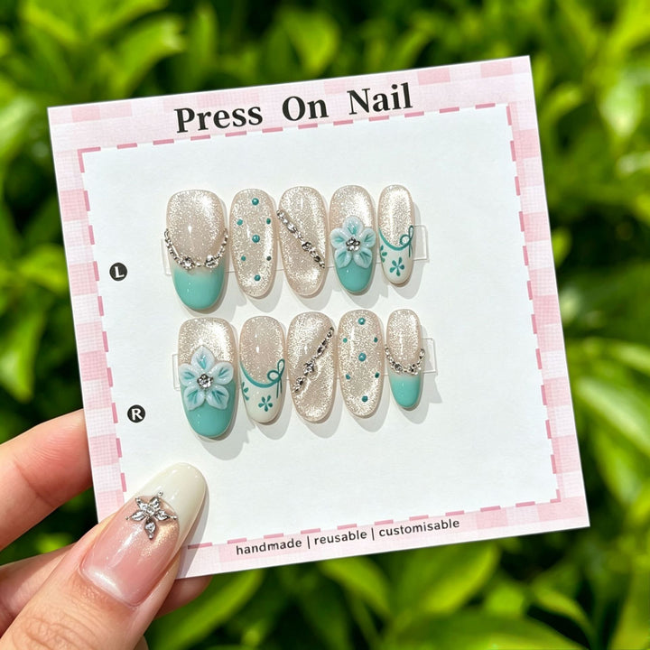 Artistic Press-On Nail Art Set with Cute Character and Bow Accents