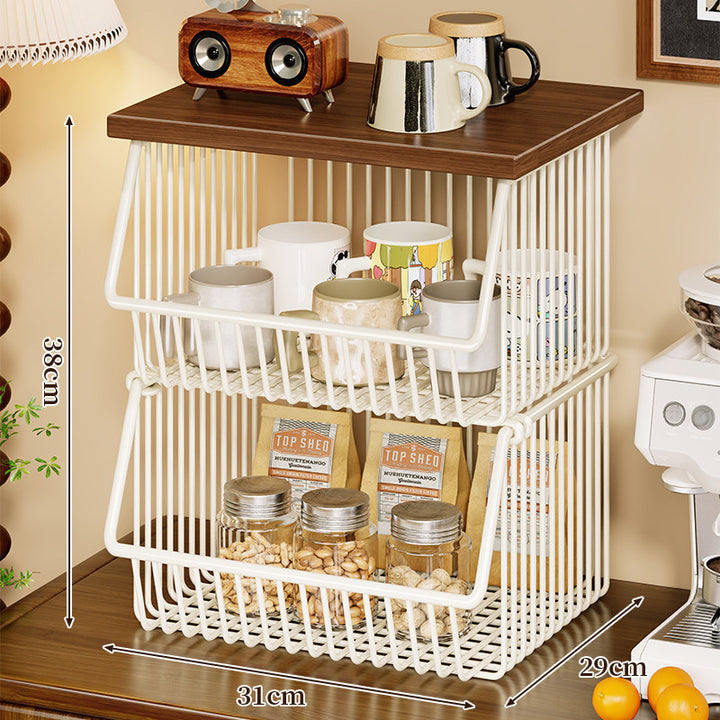 Mobile Four-Tier Kitchen Pantry Organizer Cart with Wood Top and Rolling Wire Baskets