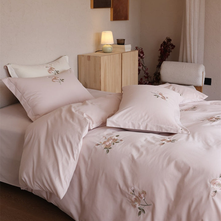 Elegant cotton satin bed cover set with rose embroidery and reversible look