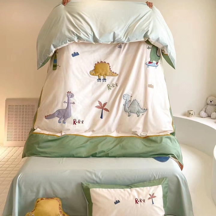 Children's bedding set with ruffles, embroidered cartoon appliqués and soft cotton satin