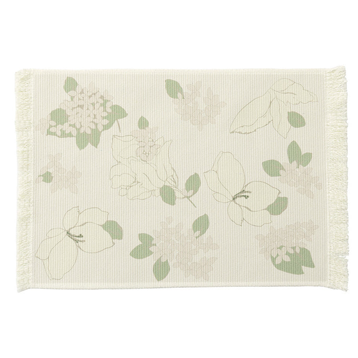 Woven table placemat made of cotton blend with olive branch print and decorative fringe edge