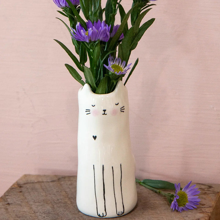 Handmade Minimalist Ceramic Cat Bud Vase With Matte Glaze And Narrow Neck
