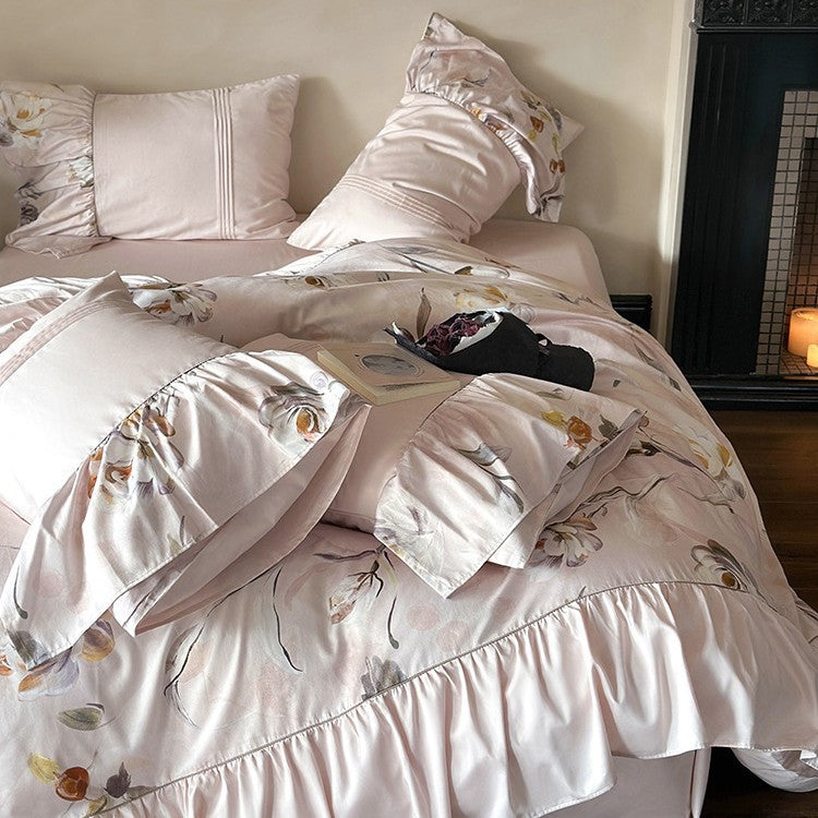 Bedding set made of silky cotton satin with floral watercolor illustration and ruffle