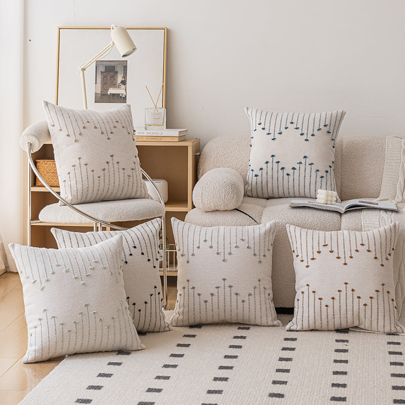 Handwoven Cotton Square Throw Pillow Cover with Tufted Linear Embroidery and Hidden Zipper