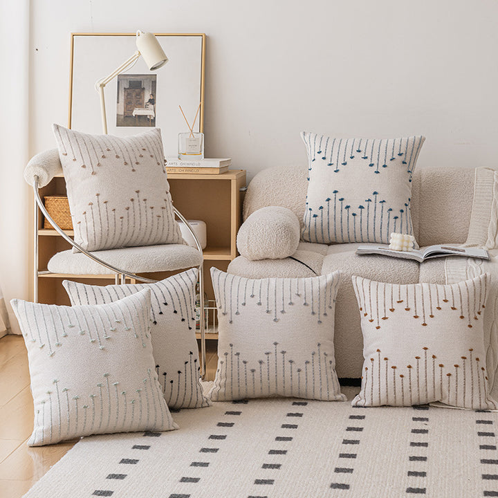 Handwoven Cotton Square Throw Pillow Cover with Tufted Linear Embroidery and Hidden Zipper