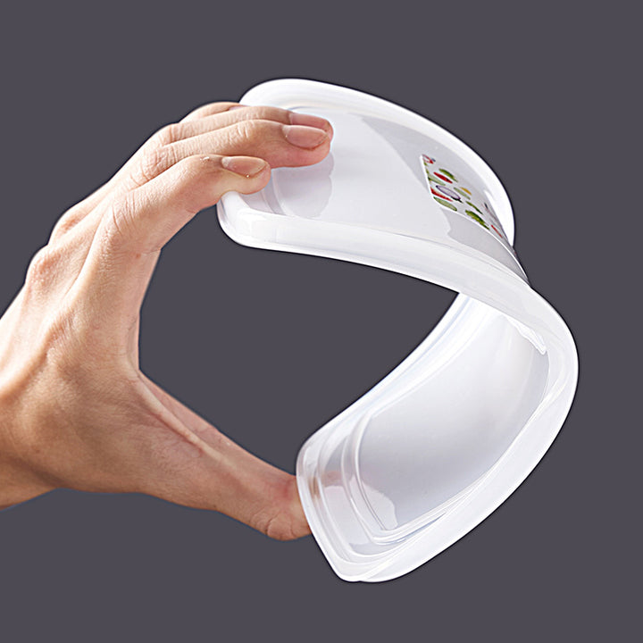 Three-piece fresh-keeping container made of clear plastic with an airtight silicone lid and separating compartments