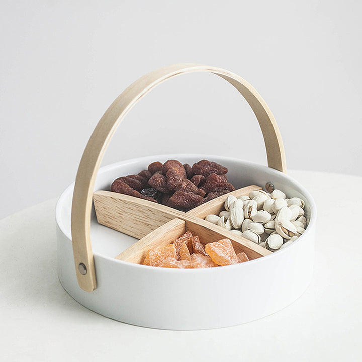Round serving and storage set with bamboo handle and three-part interior divider