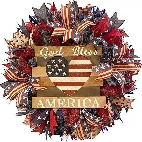 Unisex nan Patriotic Americana Decorative Front Door Wreath with Burlap Mesh Ribbon and Wooden Heart Plaque Kalsten