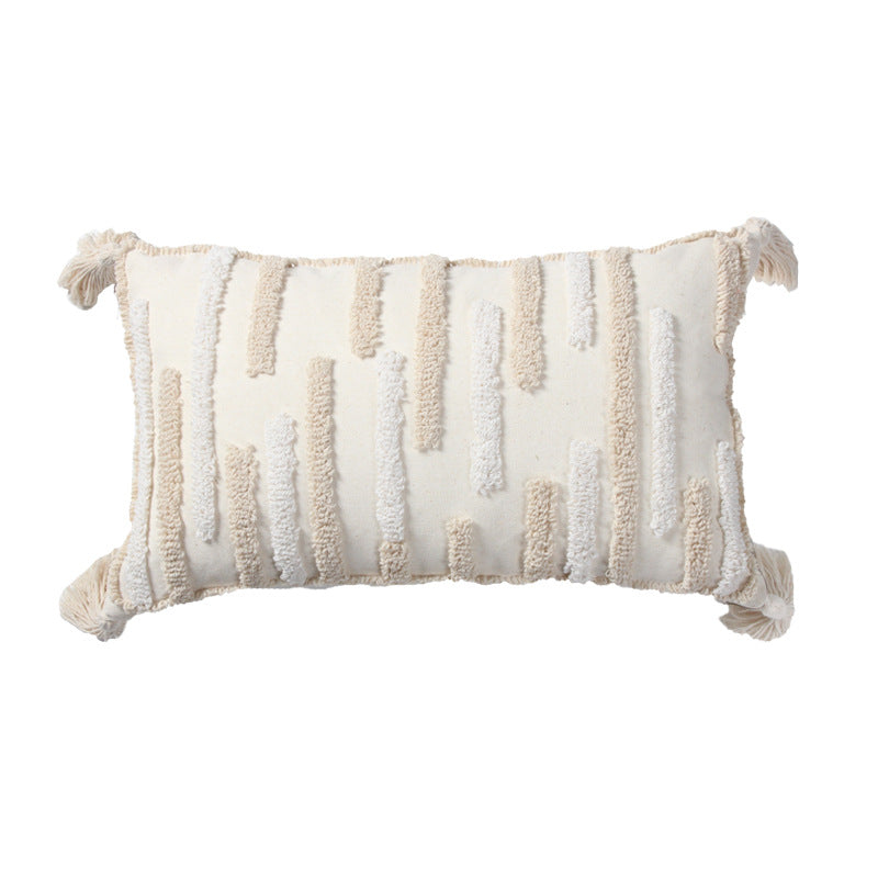 Textured Loop-Embroidered Square Throw Pillow with Corner Tassels and Removable Cover