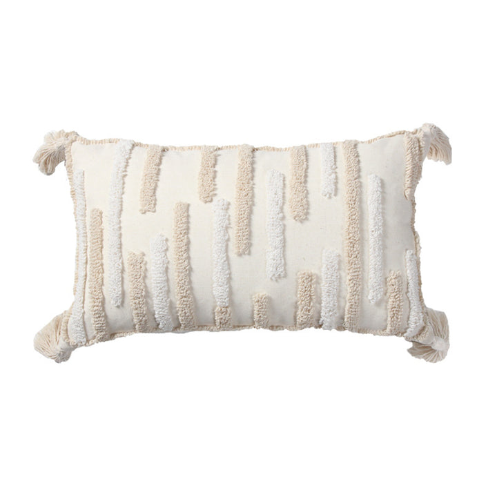 Textured Loop-Embroidered Square Throw Pillow with Corner Tassels and Removable Cover