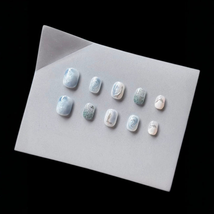 Artistic Press-On Nail Art Set with Ocean-Inspired Design