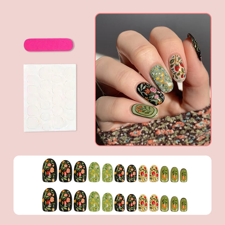 Artificial nail set with floral motifs and glitter accents Kalsten