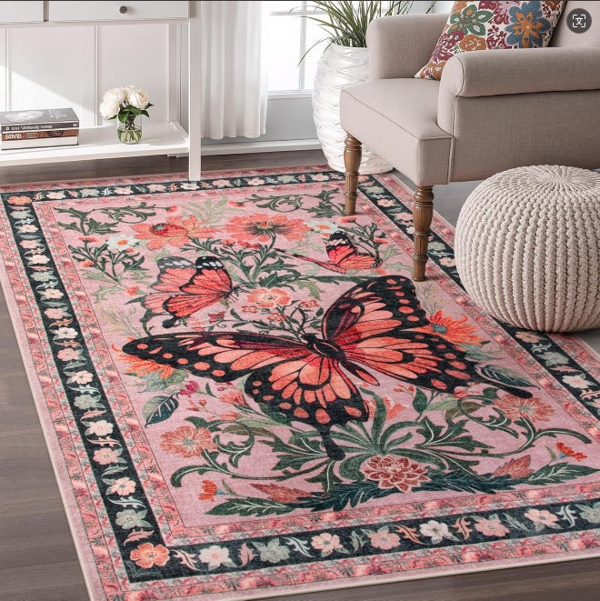 Ornate Butterfly Floral Area Rug