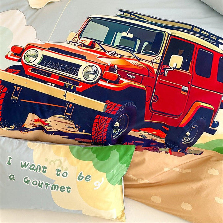 Children's bedding set with off-road jeep adventure illustration and soft cotton mix