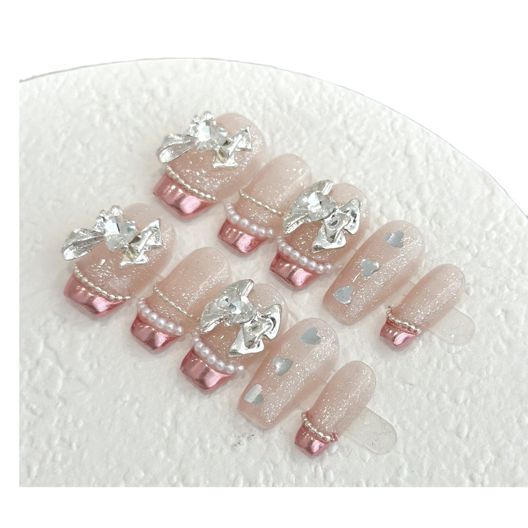 Elegant Bow-Embellished Press-On Nail Design
